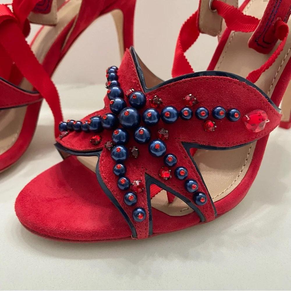 TORY BURCH NIB Seaside Red Suede Beaded Ribbon Ankle Strap Heels 7